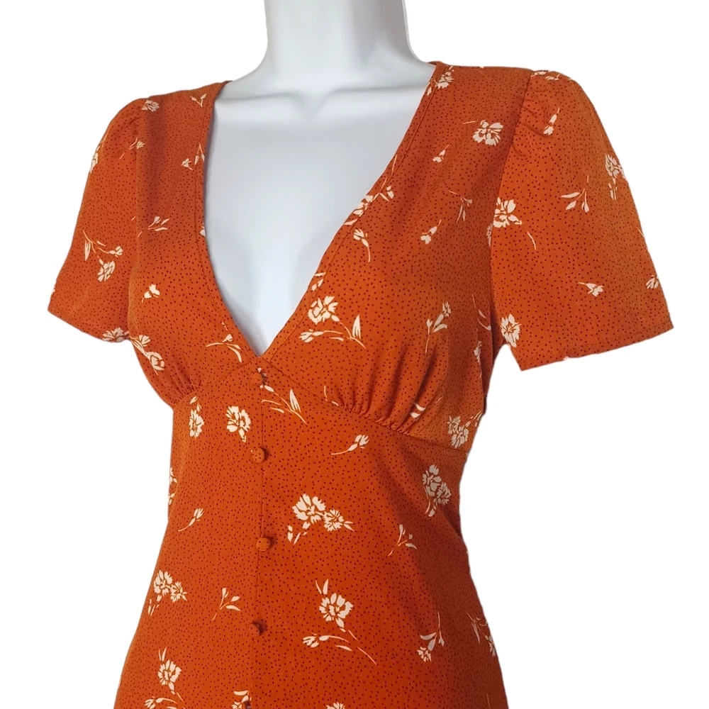 COTTON ON Burnt Orange White Floral Black Polka Dot Print Mini A-Line Dress XS - Picture 2 of 9